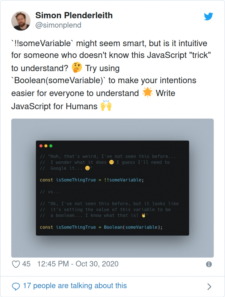 Screenshot off tweet with a JavaScript tip.