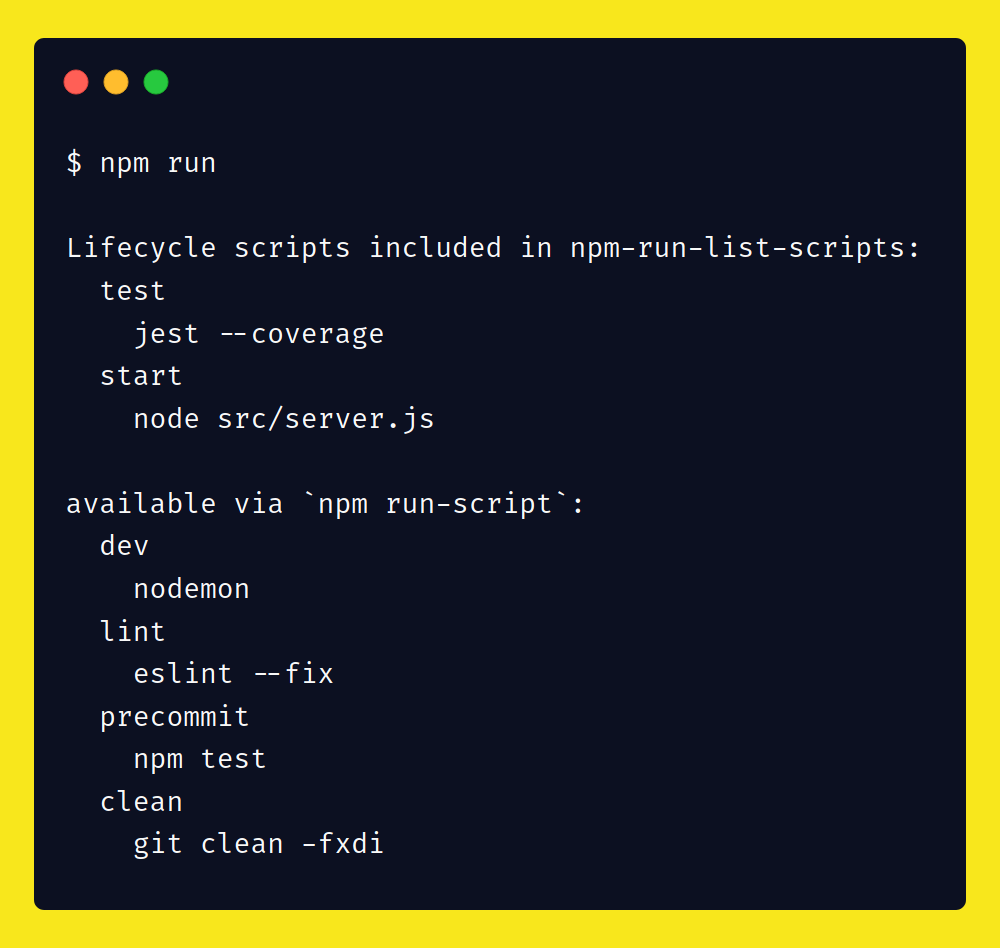Screenshot of a terminal with the output from the command npm run